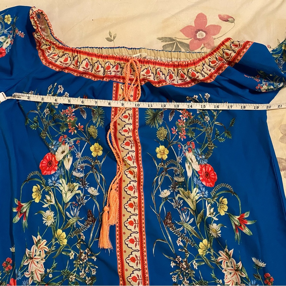 NWT Umgee Blue Off Shoulder Babydoll Floral Mini Dress Tassels bell sleeves Boho - Picture 7 of 13